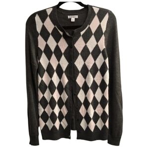 Croft and Barrow Pink. White and Gray Argyle Cardigan Sweater, size XS